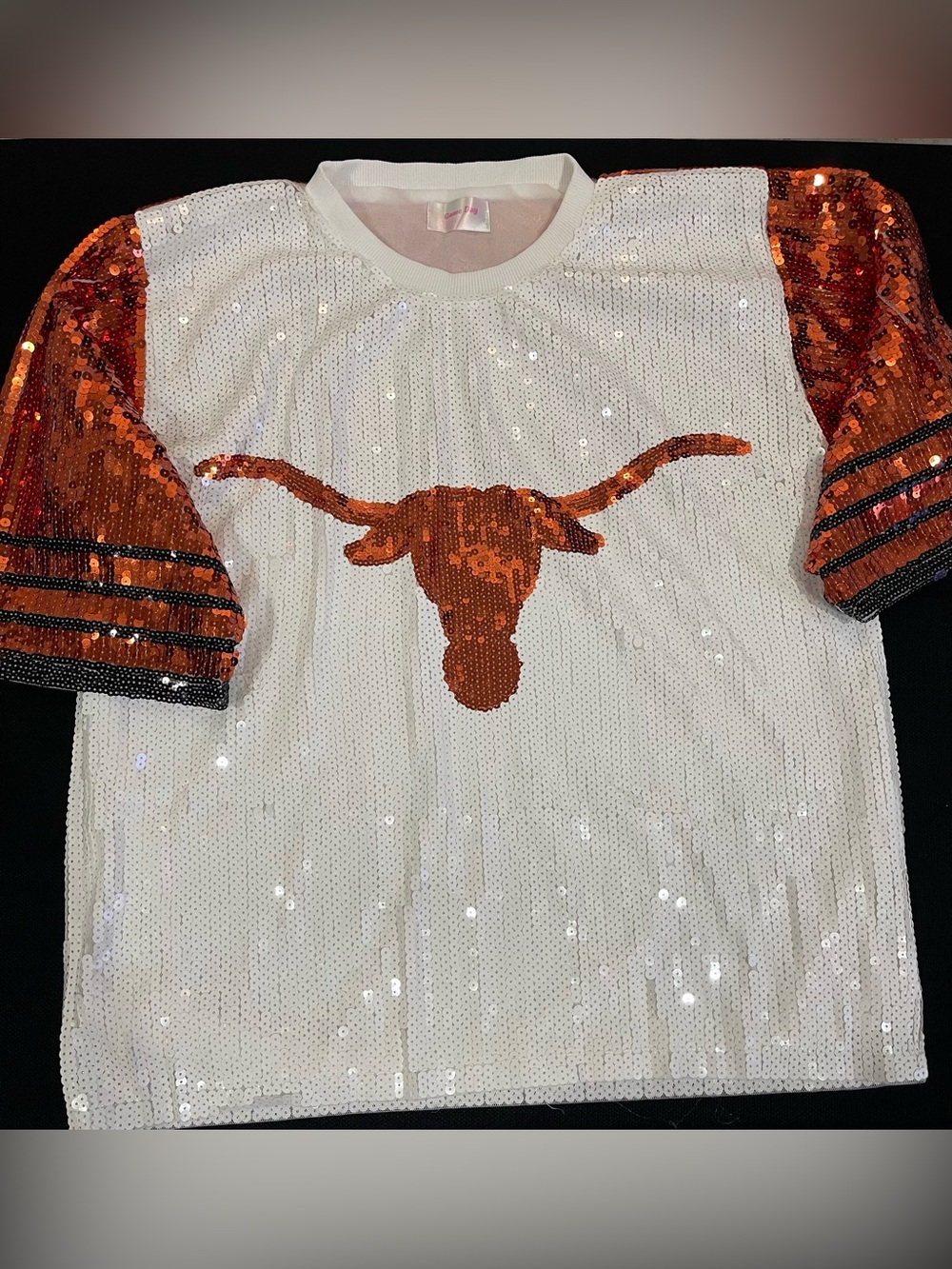 Girls' White Sequin Tee with Orange Longhorn Motif